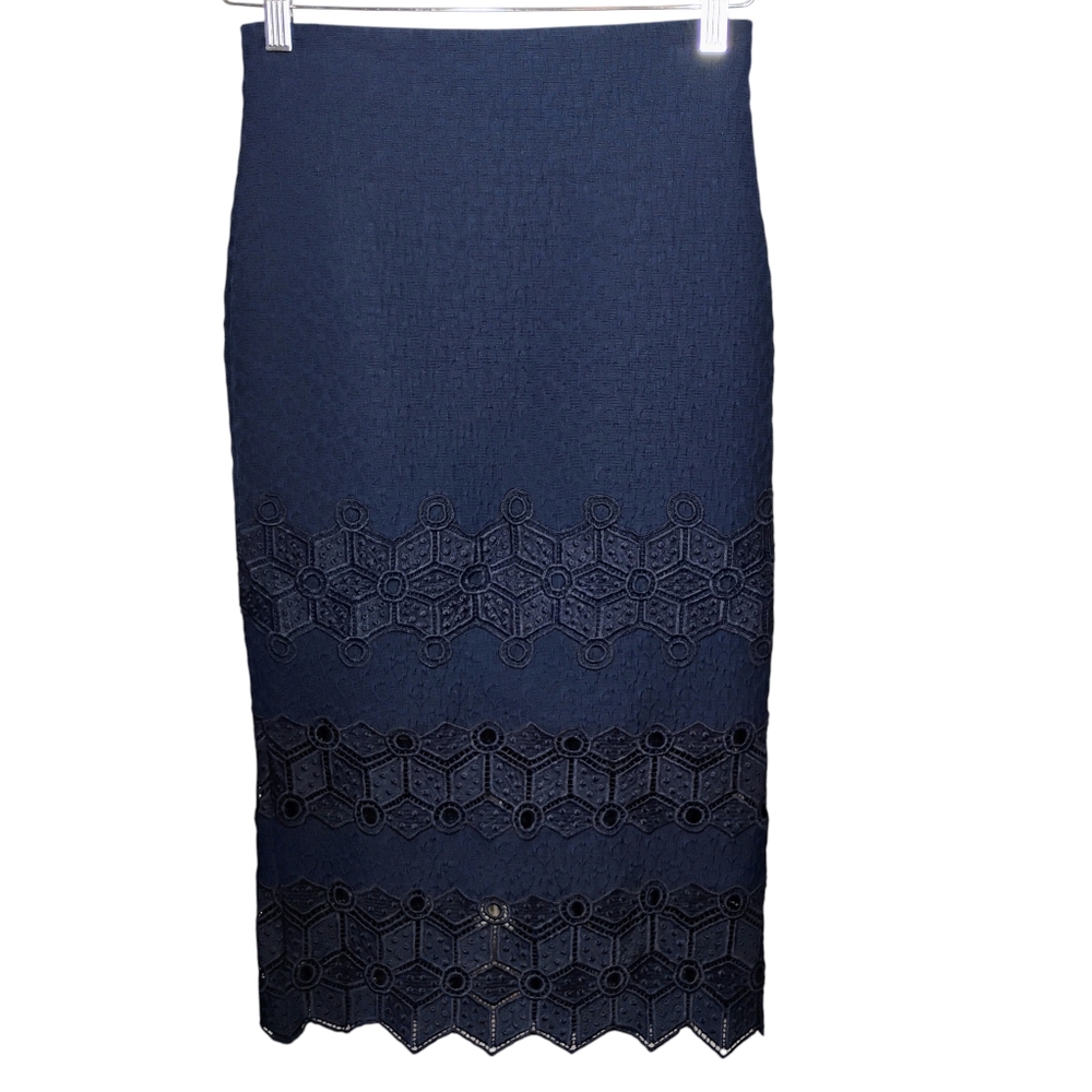 Rebecca Taylor Dia Lace Pencil‎ Skirt Navy Blue Womens 2 Elegant Sophisticated